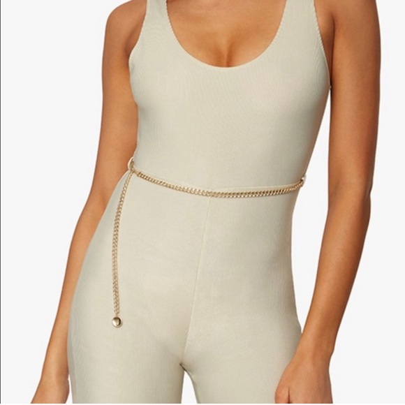 WeWoreWhat Belted Scoop Rib Knit Jumpsuit in beige size Medium - Picture 2 of 8